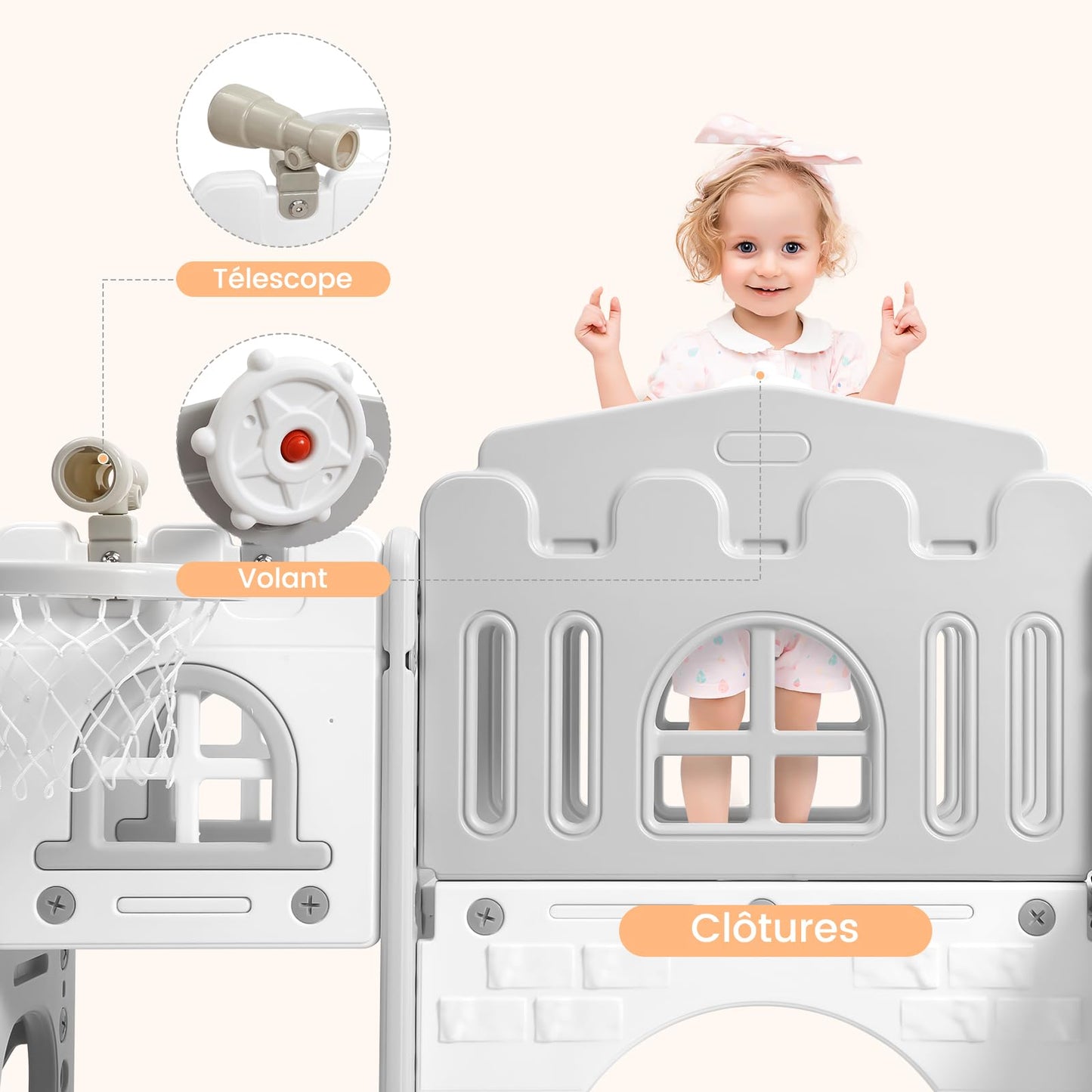 Kinder Rutsche 8 in1 Mit Klettern, Teleskop, Basketballkorb,Tunnel, Bohrspiel und Stauraum, Kleinkinderklettergerüst für Kleinkinder 1–3 Jahren