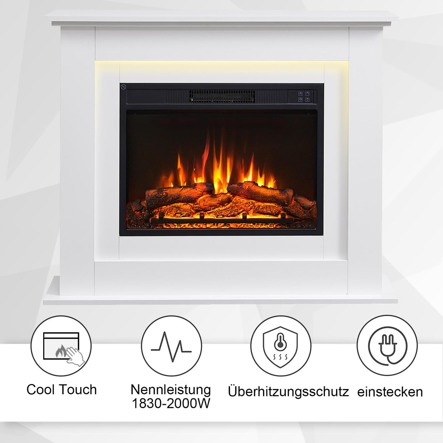 BALDERIA Finn Electric Fireplace, Electric Standing Fireplace, 3D Flame Effect, LED Ambient Lighting, Heating 2000 W, Timer, Thermostat, Start Control, Open Window Battery, Remote Control, Dark Oak