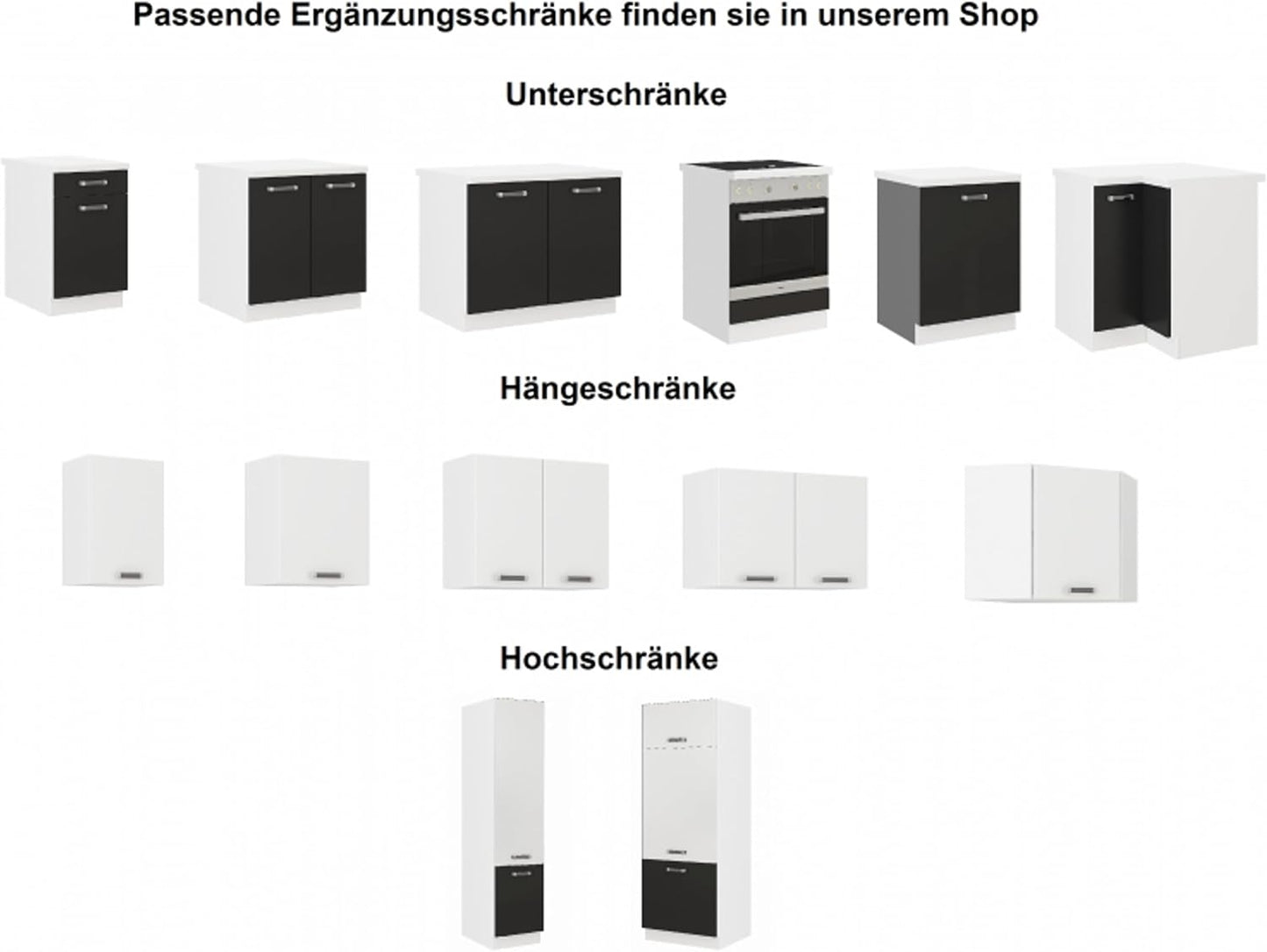 Kuechen-preisbombe Küche Omega 240 cm Küchenzeile Küchenblock variabel stellbar in Schwarz Weiss