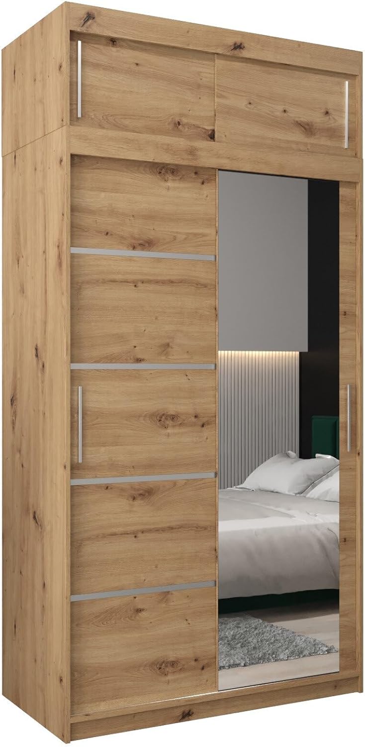 MEBLE KRYSPOL Kleiderschrank mit Spiegel Verona 2 - Garderobenschrank - Schrank Schlafzimmer - Mehrzweckschrank DREI Schiebetüren - Regalen - Flur Möbel - Kleiderstange Schrank - Allzweckschrank