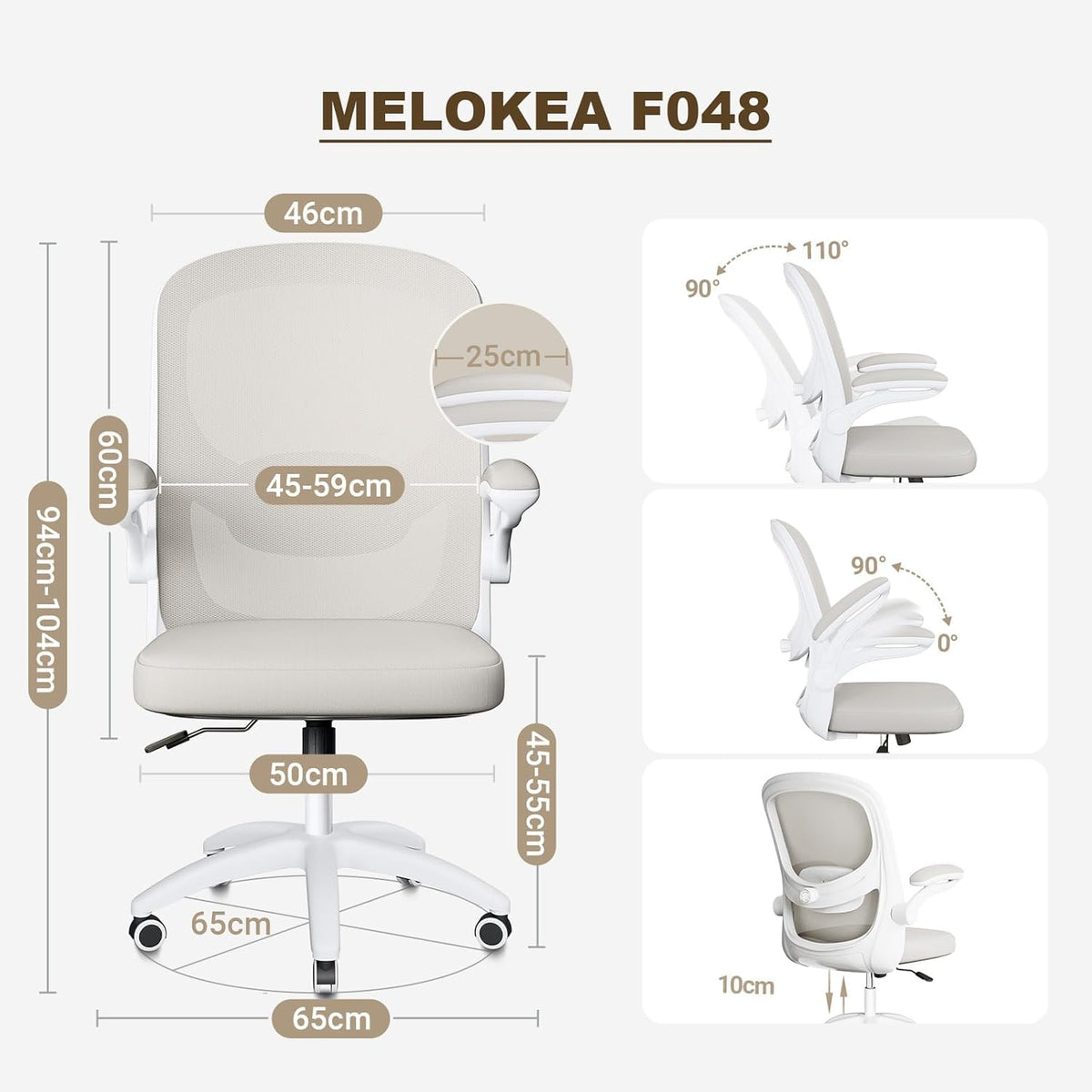 MELOKEA Desk Chair, Bionic 4D Lumbar Support, Office Chair Ergonomic with 100° Folding Armrest, Office Chair Height Adjustable, Mesh Computer Chair, Meets EN12520 Standards, Grey Beige