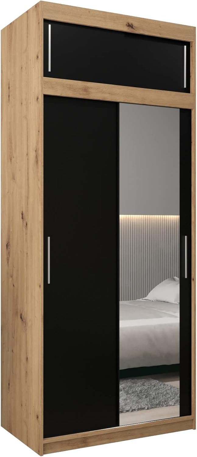 MEBLE KRYSPOL Kleiderschrank mit Spiegel Tokyo 2 - Garderobenschrank - Schrank Schlafzimmer - Mehrzweckschrank DREI Schiebetüren - Regalen - Flur Möbel - Kleiderstange Schrank - Allzweckschrank