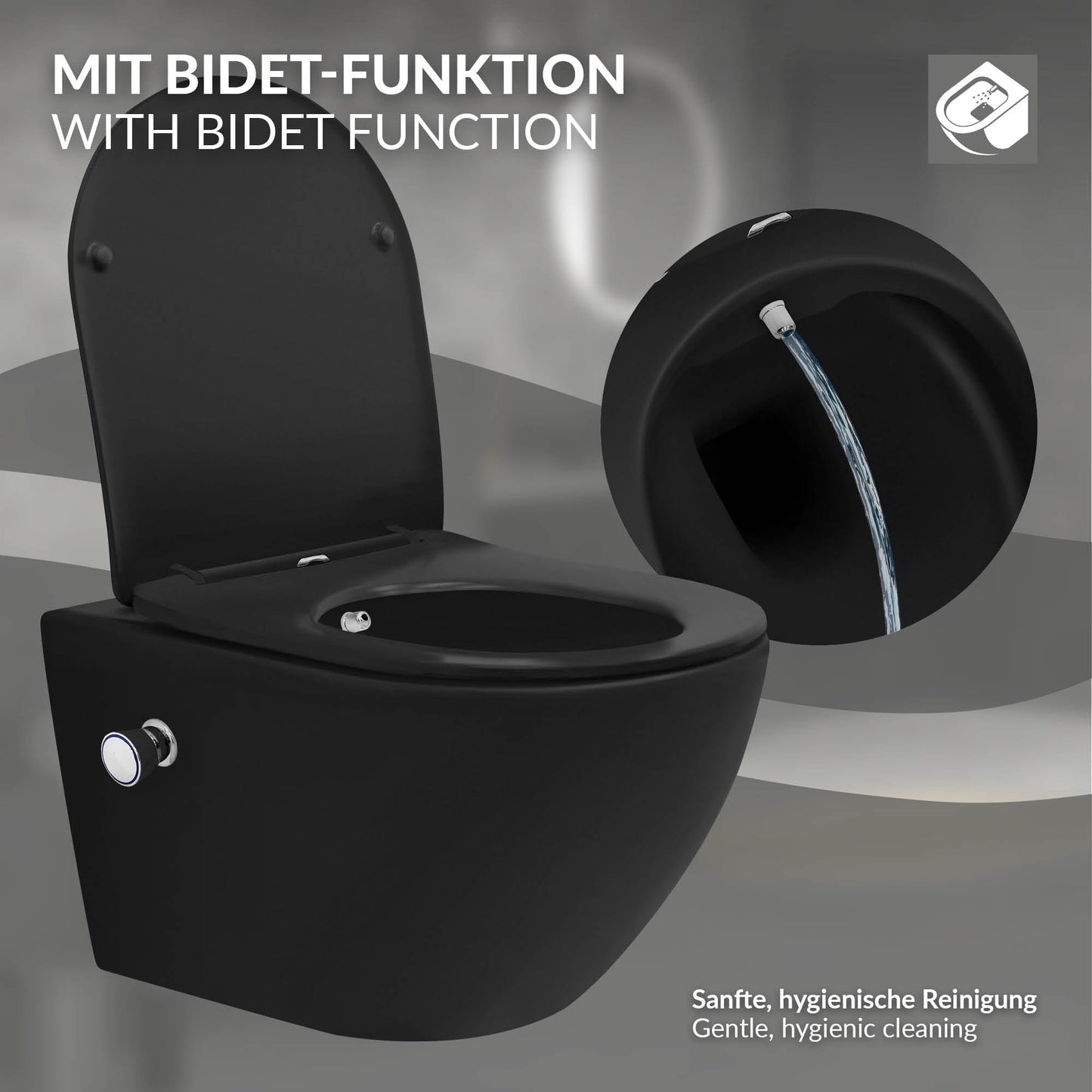 LuxeBath Wall-Mounted Toilet Rimless with Bidet Function, White, Deep Washdown Ceramic Hanging Toilet, Long 53.5 cm, Shower Toilet Nano Coating, Tornado Flush, Shiny Toilet Bowl Hanging with Toilet