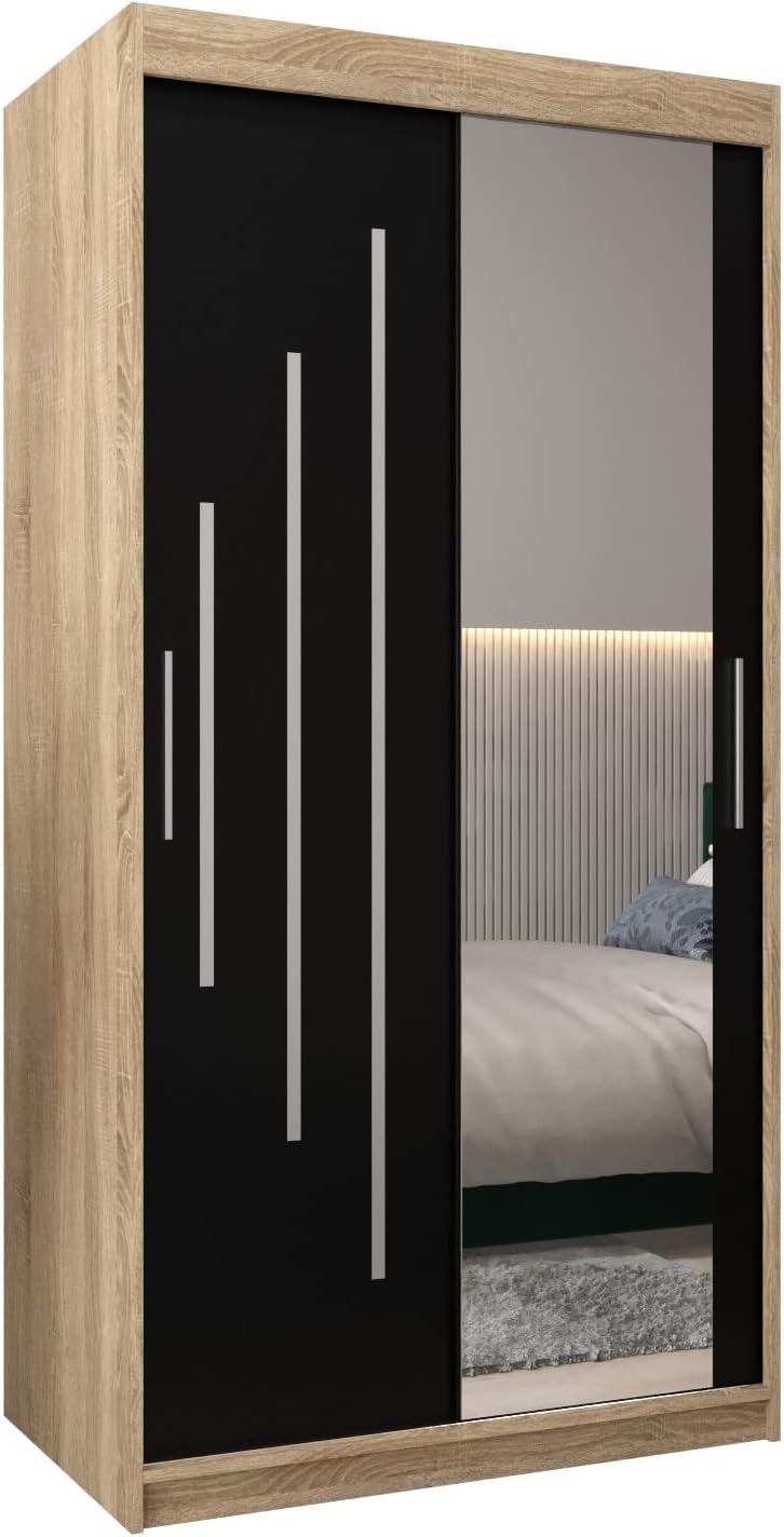 MEBLE KRYSPOL Kleiderschrank mit Spiegel York 2 - Garderobenschrank - Schrank Schlafzimmer - Mehrzweckschrank Zwei Schiebetüren - Regalen - Flur Möbel - Kleiderstange Schrank - Allzweckschrank