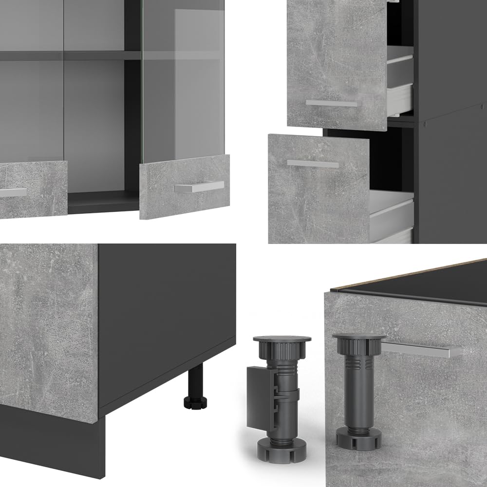 Vicco R-Line Fitted Kitchen Cabinets Anthracite Kitchen Furniture (Anthracite / White High Gloss, MUS 350 cm)