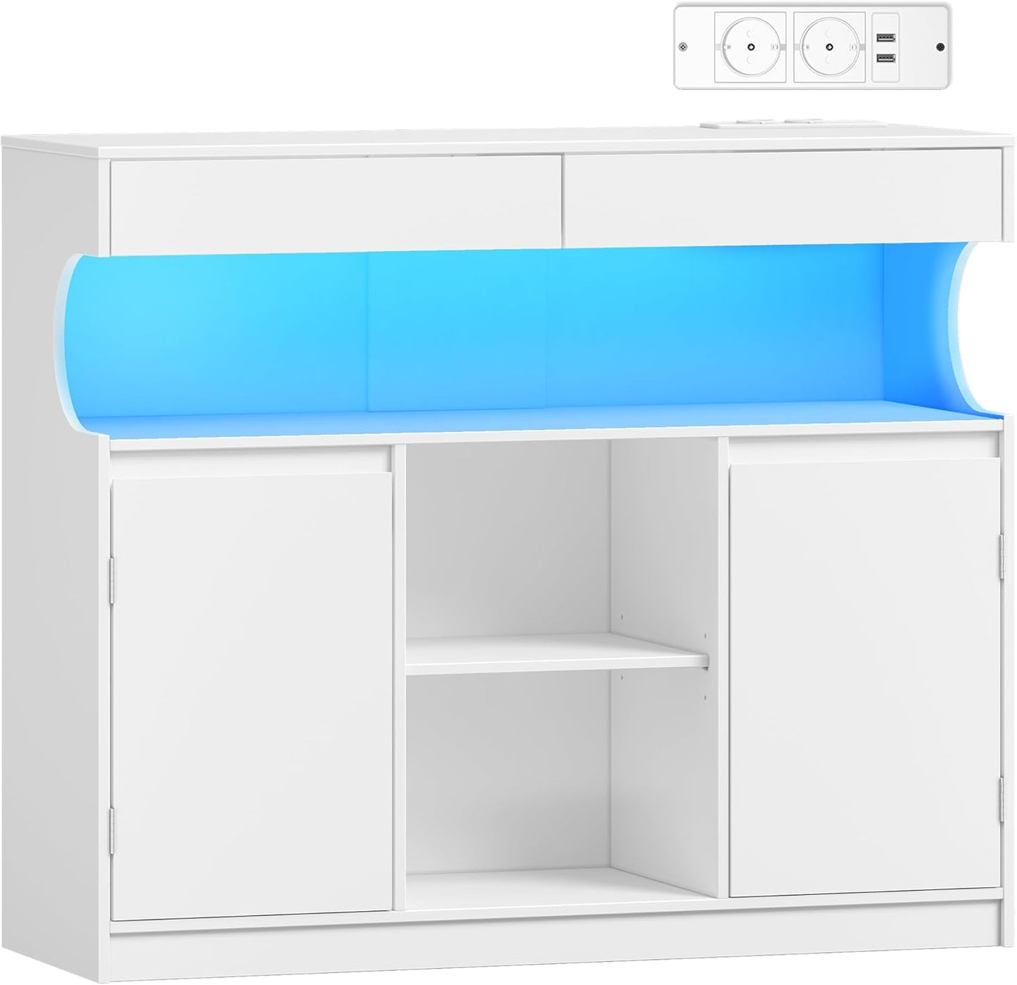 Hzuaneri SC64903X Sideboard, Kitchen Cabinet with Power Strip and LED Light, Storage Cabinet, 2 Drawers and 2 Doors, Adjustable Shelves, Buffet Cabinet, Dining Room, Kitchen, 35 x 100 x 85 cm, White