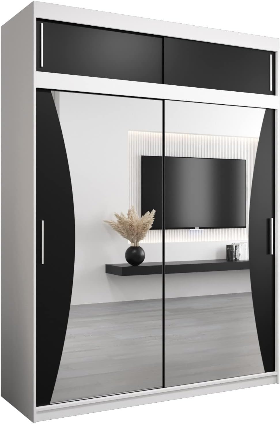 MEBLE KRYSPOL Kleiderschrank mit Spiegel Monaco - Garderobenschrank - Schrank Schlafzimmer - Mehrzweckschrank DREI Schiebetüren - Regalen - Flur Möbel - Kleiderstange Schrank - Allzweckschrank