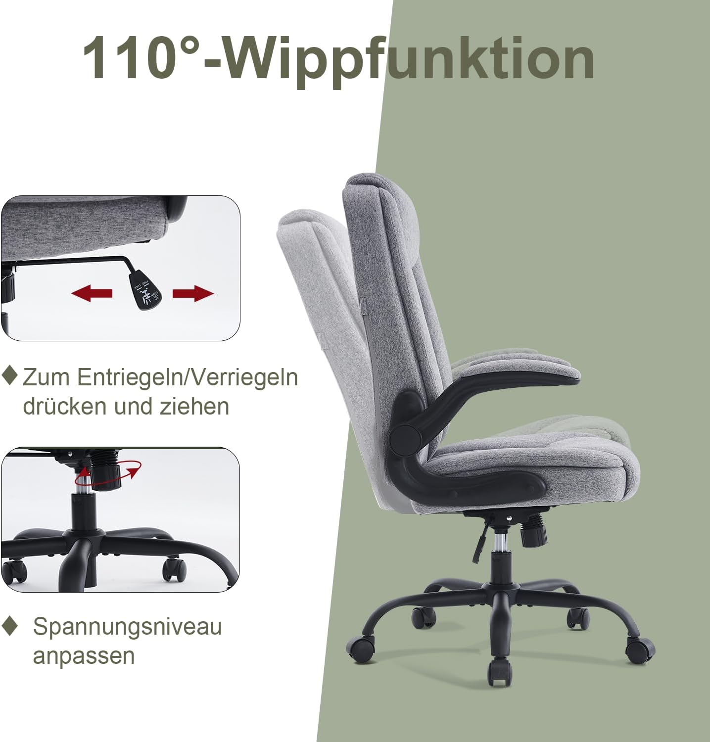 CASTLOVE Bürostuhl Ergonomisch Schreibtischstuhl Chefsessel Mit Gepolsterten Armlehnen Klappbar, H?henverstellung, Wippfunktion und Kopfstütze Bequem für Home-Office Bürostuhl 150kg Beige Stoff