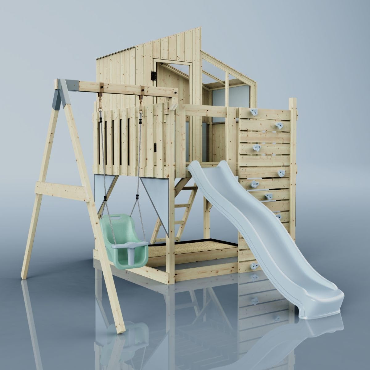 Rebo Spielturm mit Spielhaus inkl. Wellenrutsche und Kinder-Schaukel | Outdoor Klettergerüst Garten | Kletterwand und Kletterleiter | Stabile Konstruktion, Weiches Gefühl in den Seilen
