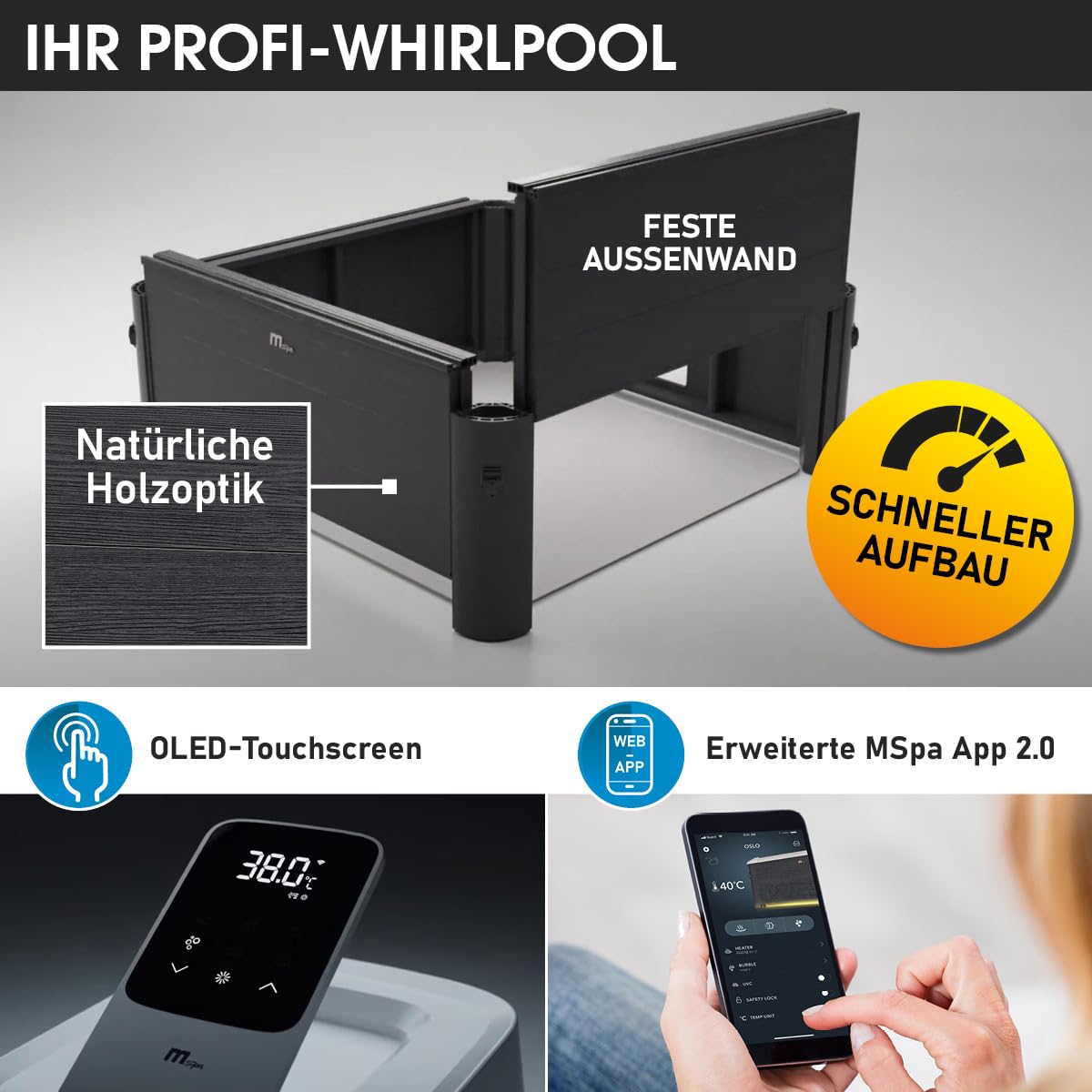 BRAST Whirlpool MSpa Oslo & Oslo Plus XXL mit Fester Außenwand | 160x160x65cm - 180x180x65cm | LED-Beleuchtung 20 Farben | 6 Personen | 120-140 Massagedüsen | Ganzjähriger Einsatz Winterfest