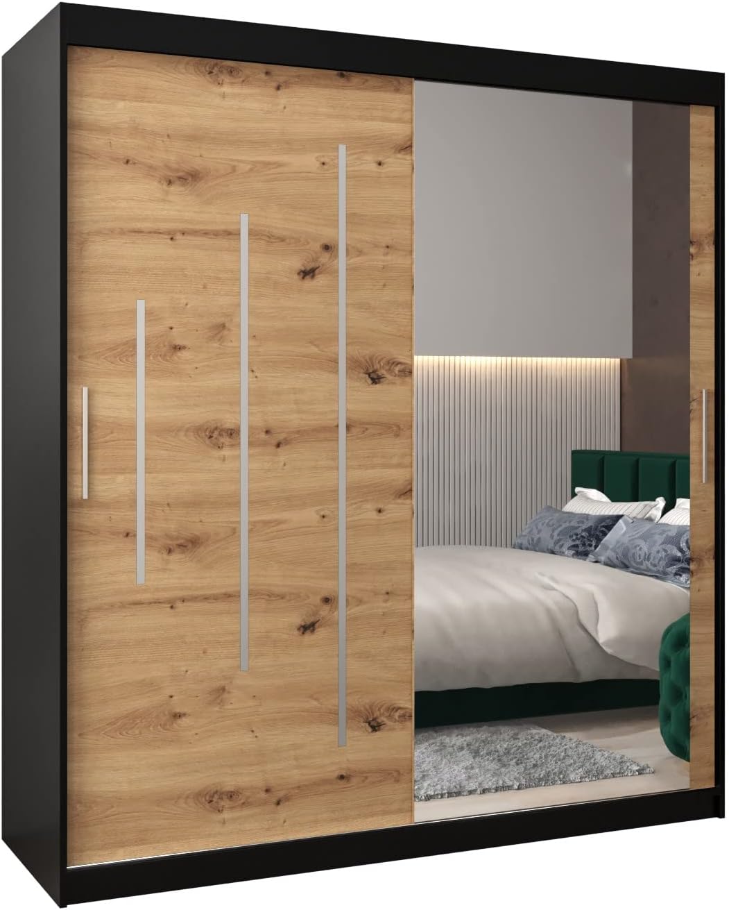 MEBLE KRYSPOL Kleiderschrank mit Spiegel York 2 - Garderobenschrank - Schrank Schlafzimmer - Mehrzweckschrank Zwei Schiebetüren - Regalen - Flur Möbel - Kleiderstange Schrank - Allzweckschrank
