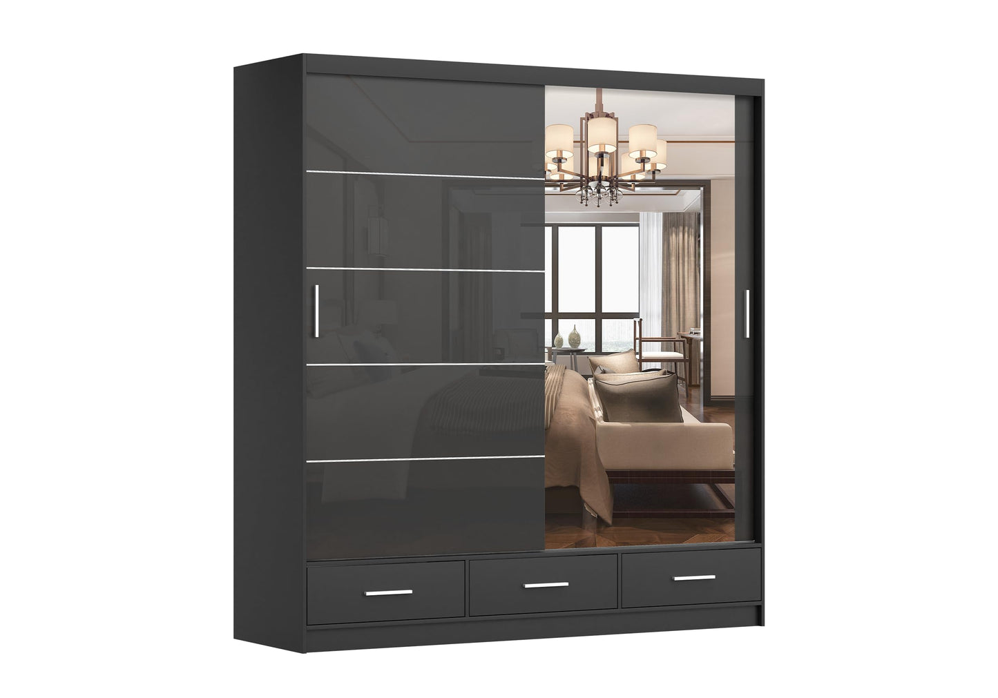 Fabryka Mebli Idźczak Kleiderschrank mit Spiegel weiß - Schwebetürenschrank - Schlafzimmerschrank - 61 x 250 x 218 cm - Wohnzimmerschrank - Garderobenschrank, Schrank mit 2 Türen, 4 Schubladen