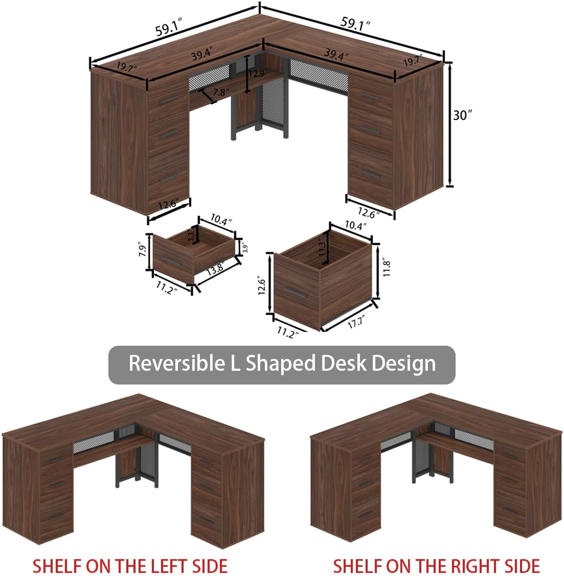 HSH - Black L Shape Corner Desk with Filing Drawers and Shelves, Reversible Corner Desk Made of Metal and Wood with Storage Cabinets