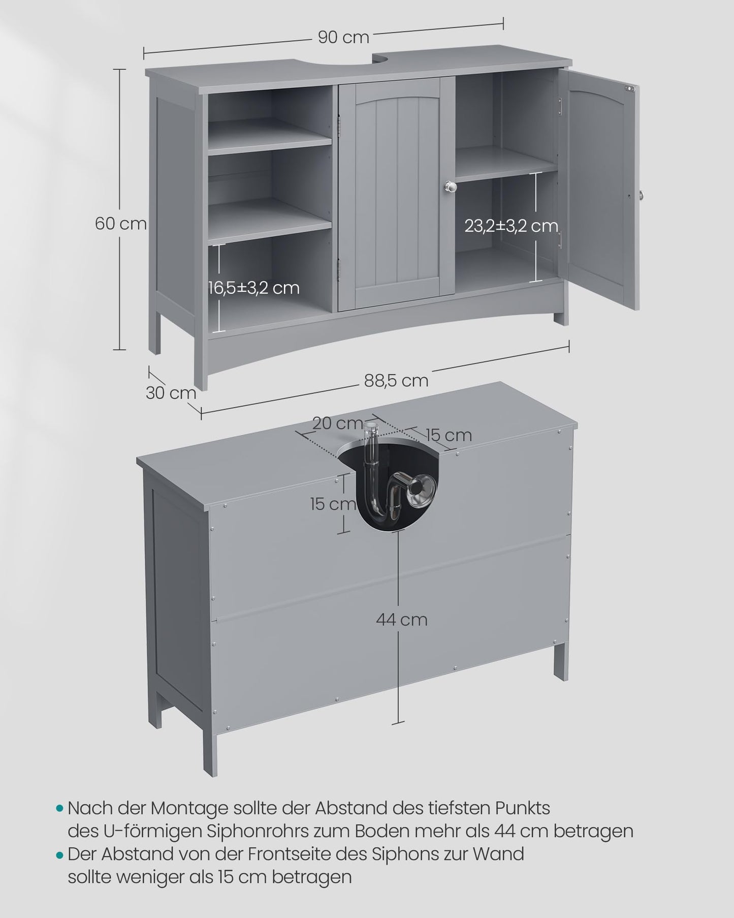 VASAGLE BBC410P31 Vanity Unit Extra Long 30 x 90 x 60 cm 2 Doors Bathroom Cabinet Open Compartments Height Adjustable Shelves White