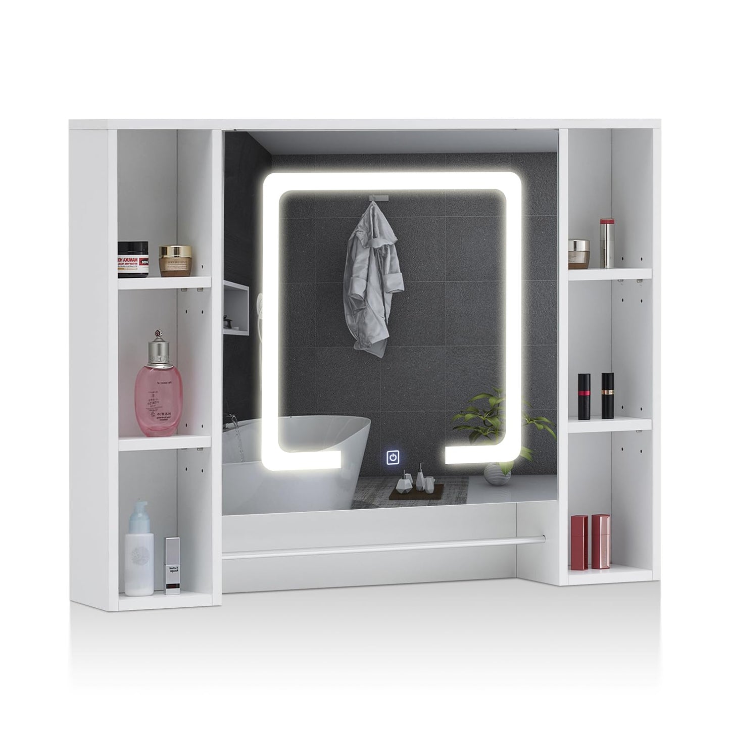 TUKAILAI Mirror Cabinet with LED Lighting, 6 Open Shelves and Adjustable Shelves, Bathroom Mirror with Touch Switch, Bathroom Mirror, Light Mirror, Wall Mirror, Bathroom Cabinet for Bathroom