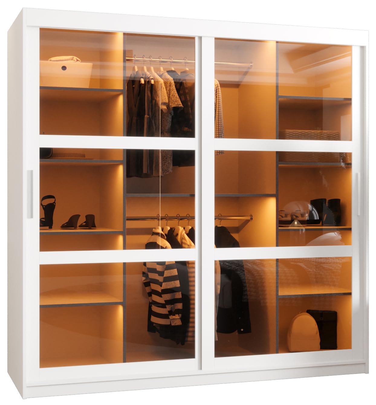 MEBLE KRYSPOL Dome 2 Schrank mit DREI Schiebetüren mit Spiegel, Stangen und Regalen - Aufbewahrungsschrank mit Rauchglas für Schlafzimmer, Wohnzimmer - 200x250x62cm - Schwarz, Schwarz, Schwarz