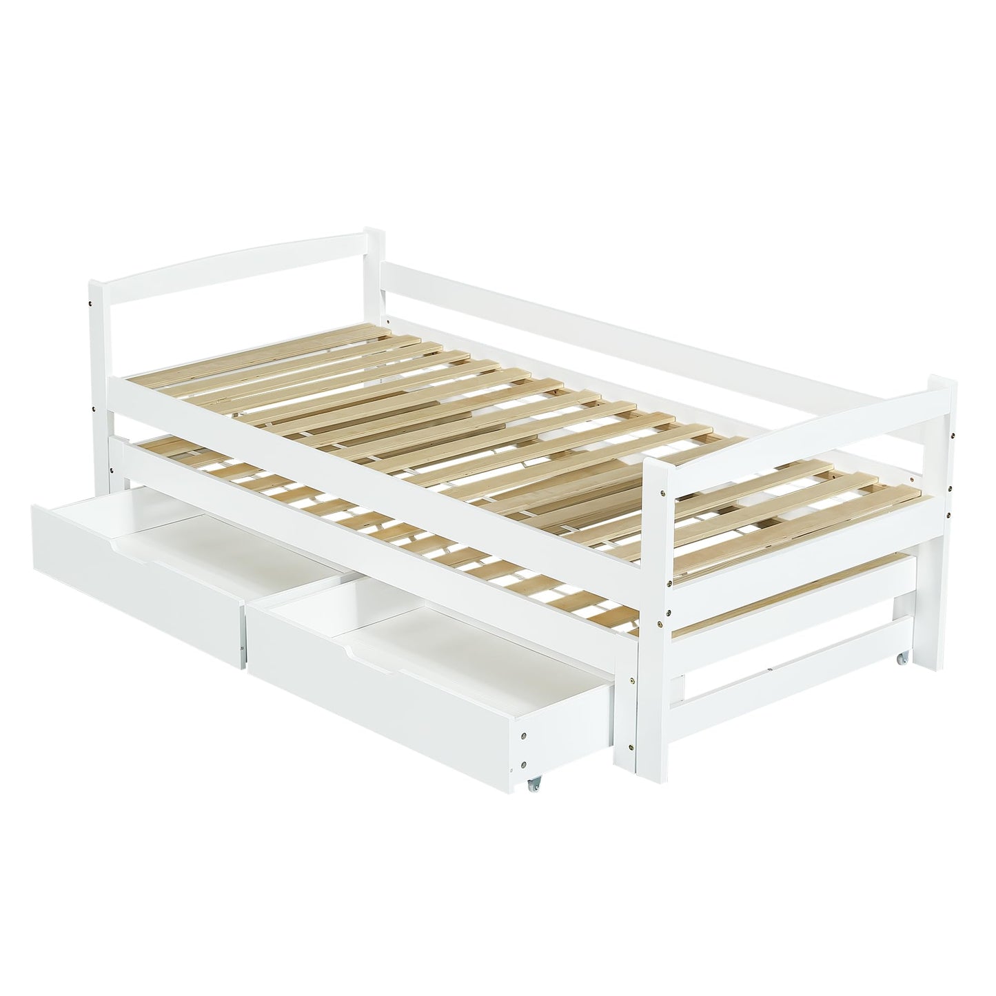 Children's Bed 90 x 200 cm, Wooden Bed with Drawers and Board, Headboard with Bookshelf and Fall Protection, Bed with Slatted Frame and Storage Space, Teenager's Bed, Functional Bed, Wooden Bed Frame,