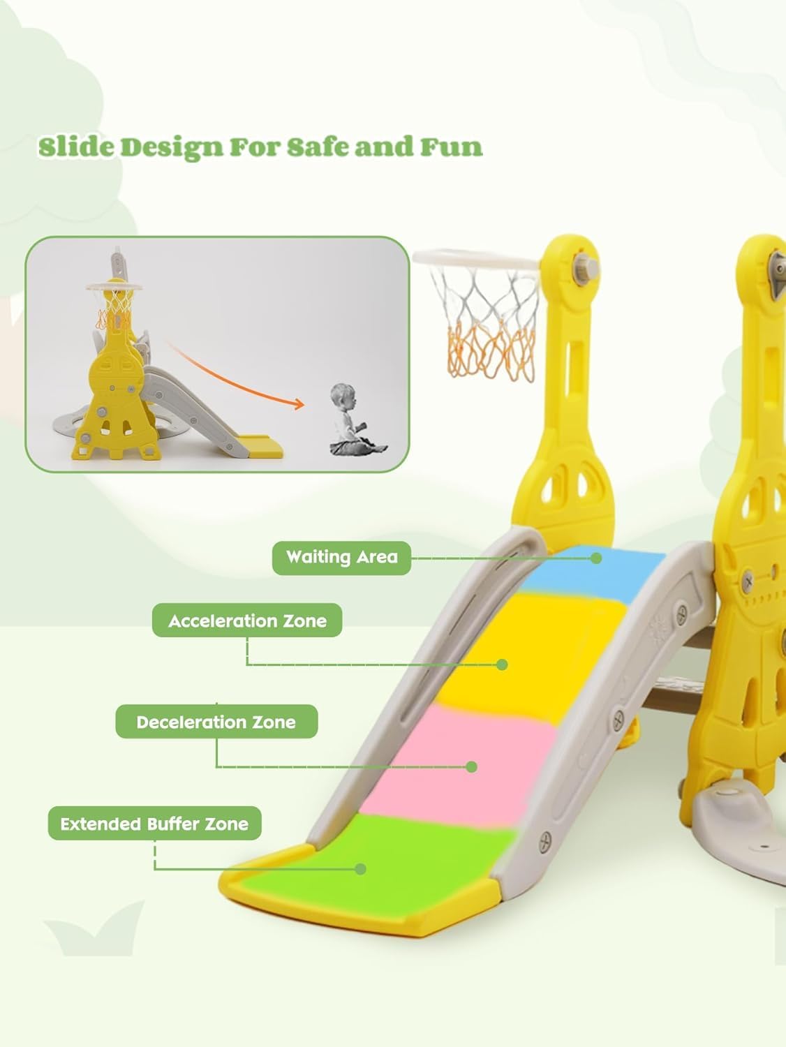 Children's Slide, 4-in-1 Indoor & Outdoor Slide, Freestanding Slide with Basketball Hoop & Height-Adjustable Swing, Garden Slide, Children's Playground, Yellow