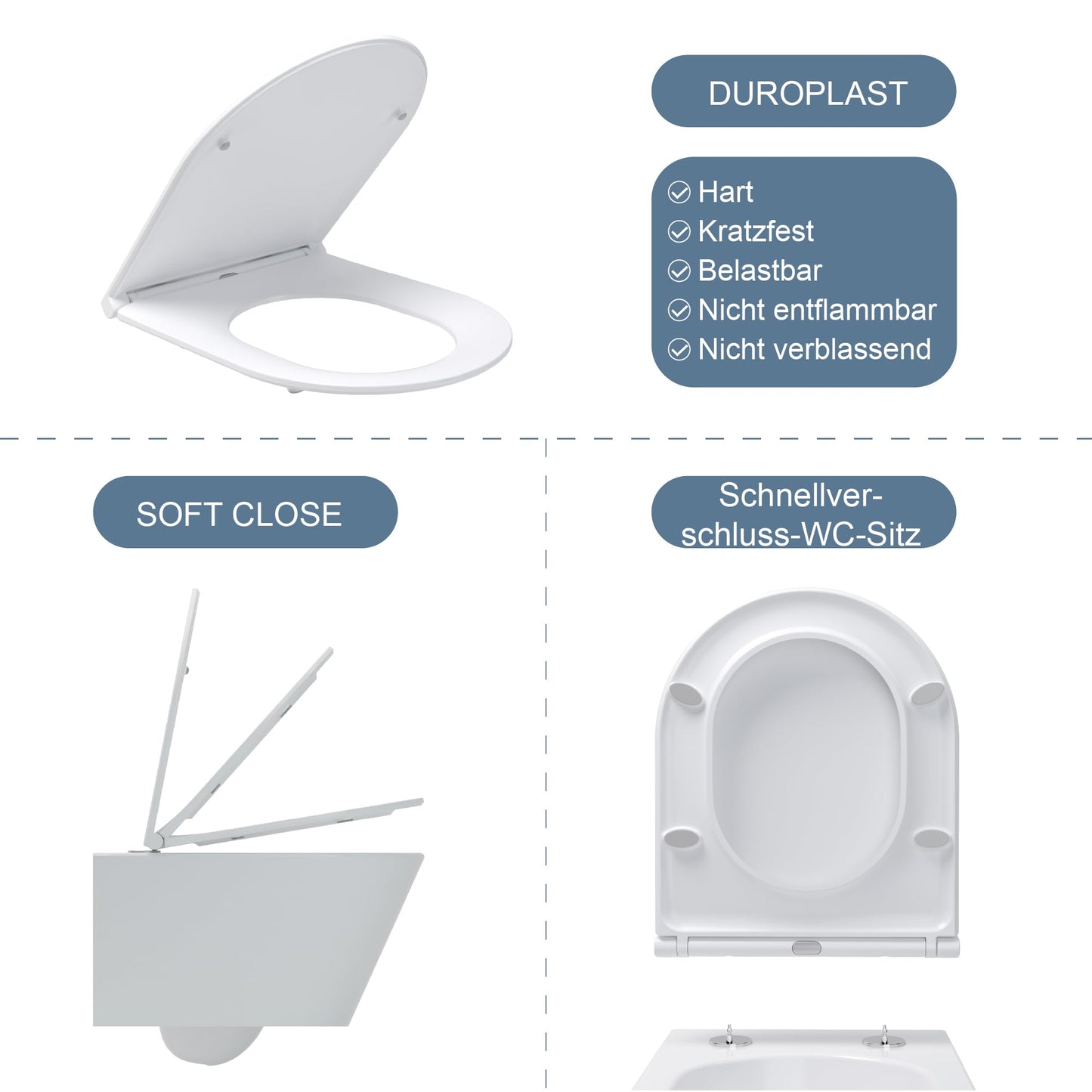 UDiseño Wall Toilet Rimless Toilet, 360° Superspin Flush Hanging Toilet, Raised Complete Set, D Shape, Low Noise Tornado Toilet Flush, UF Lid Seat with Soft-Close Mechanism, 52.5 cm Long, White