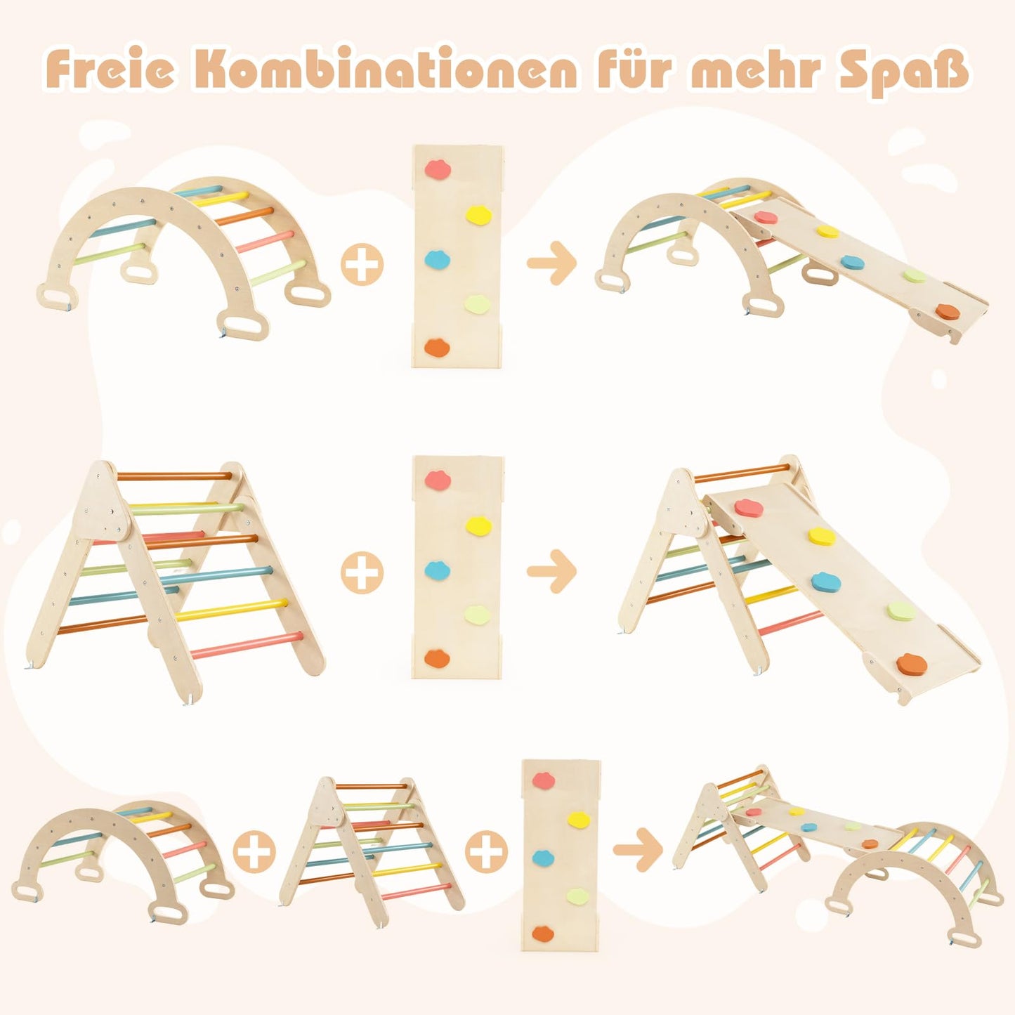 COSTWAY Kletterdreieck mit Rutsche, Kletterbogen, inkl. doppelseitige Rampe, zum Klettern, Rutschen und Wippen, 4 in 1 Klettergerüst Indoor ab 1 Jahr (Macaron bunt)