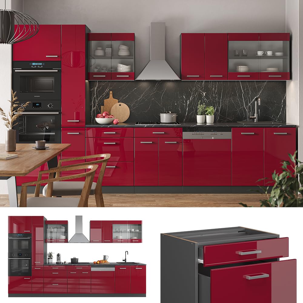 Vicco R-Line Fitted Kitchen Cabinets Anthracite Kitchen Furniture (Anthracite / White High Gloss, MUS 350 cm)