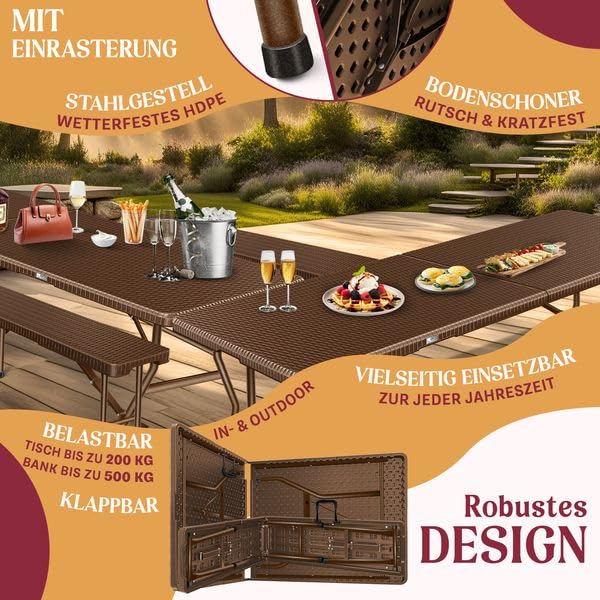Kesser® Beer Tent Set – 3 Piece Set, Table + 2 x Bench, for Indoor / Outdoor, Folding, Carry Handles, HxWxD: 73 x 180 x 75 cm, Plastic, Rattan-Look Garden Set, Folding Table, Garden Table, Black