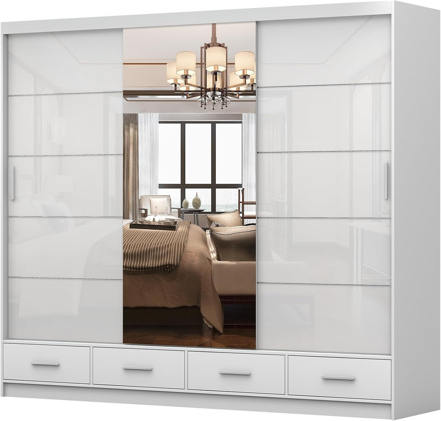 Fabryka Mebli Idźczak Kleiderschrank mit Spiegel weiß - Schwebetürenschrank - Schlafzimmerschrank - 61 x 250 x 218 cm - Wohnzimmerschrank - Garderobenschrank, Schrank mit 2 Türen, 4 Schubladen