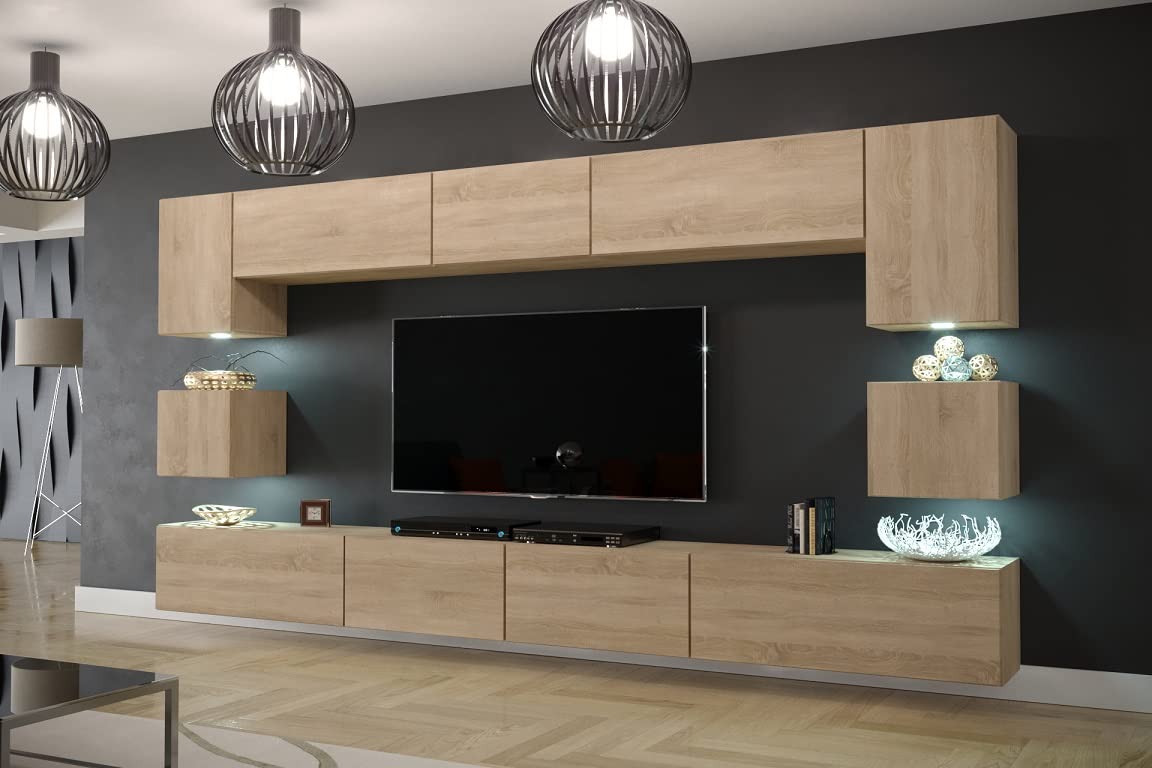 Furnitech Wohnwand Wohnzimmer Möbel (Schwarz) mit LED RGB - 16 Farben - Hängend Wohnzimmerwand Modern - Schrankwand mit Regale und TV Schrank (Nowara AN1-17B-HG20 1C)