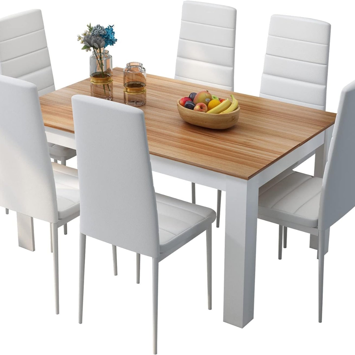Mondeer Esstisch mit 6 Stühlen Set, Essgruppe mit Hochlehner Kunstleder Stuhl für Küche Esszimmer Wohnzimmer, W138 x D90 x H75 cm, Weiß und Grau