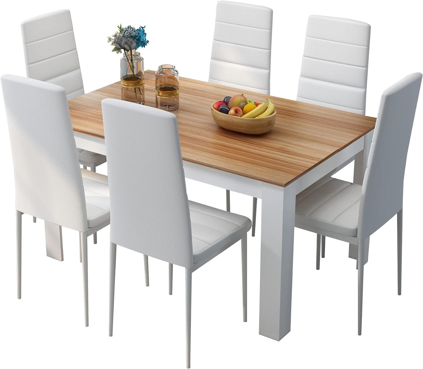 Mondeer Dining Table with 6 Chairs Set, Dining Set with High-Backed Chair, Faux Leather Chair for Kitchen, Dining Room, Living Room, W138 x D90 x H75 cm, White and Grey