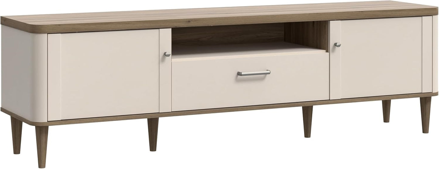 Forte Lacetti TV Cabinet 180, Modern Lowboard, Scandi Slats Design, 2 Doors, 1 Drawer, Wood Composite, Cashmere, Beige, Valencia Oak Wood Decor, 179.8 cm Wide x 53.3 cm High x 41.2 cm Deep