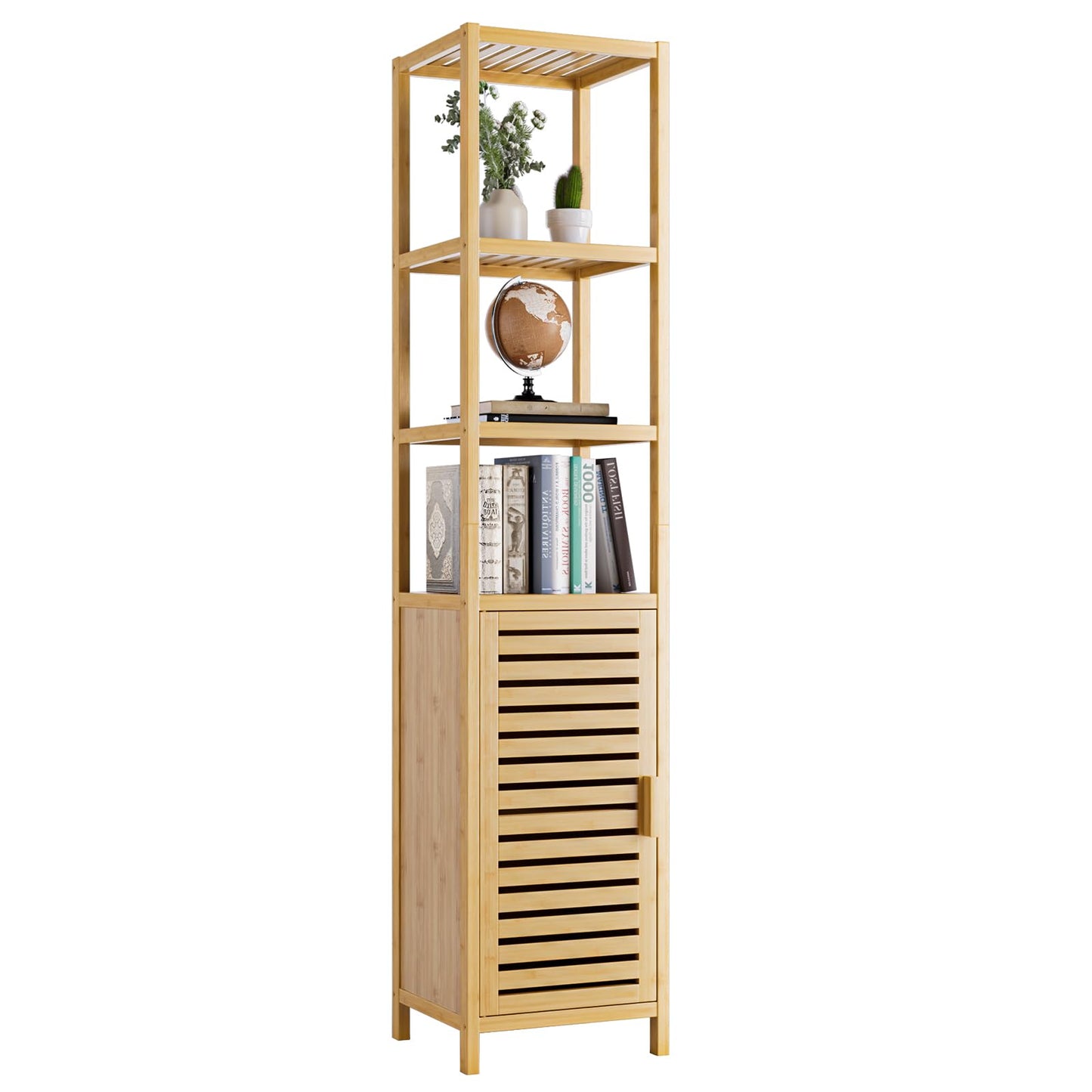HITNET Bathroom Cabinet Bamboo Black Bathroom Cabinet Tall Cabinet Narrow Freestanding Floor Standing with Open Shelf and Single Door