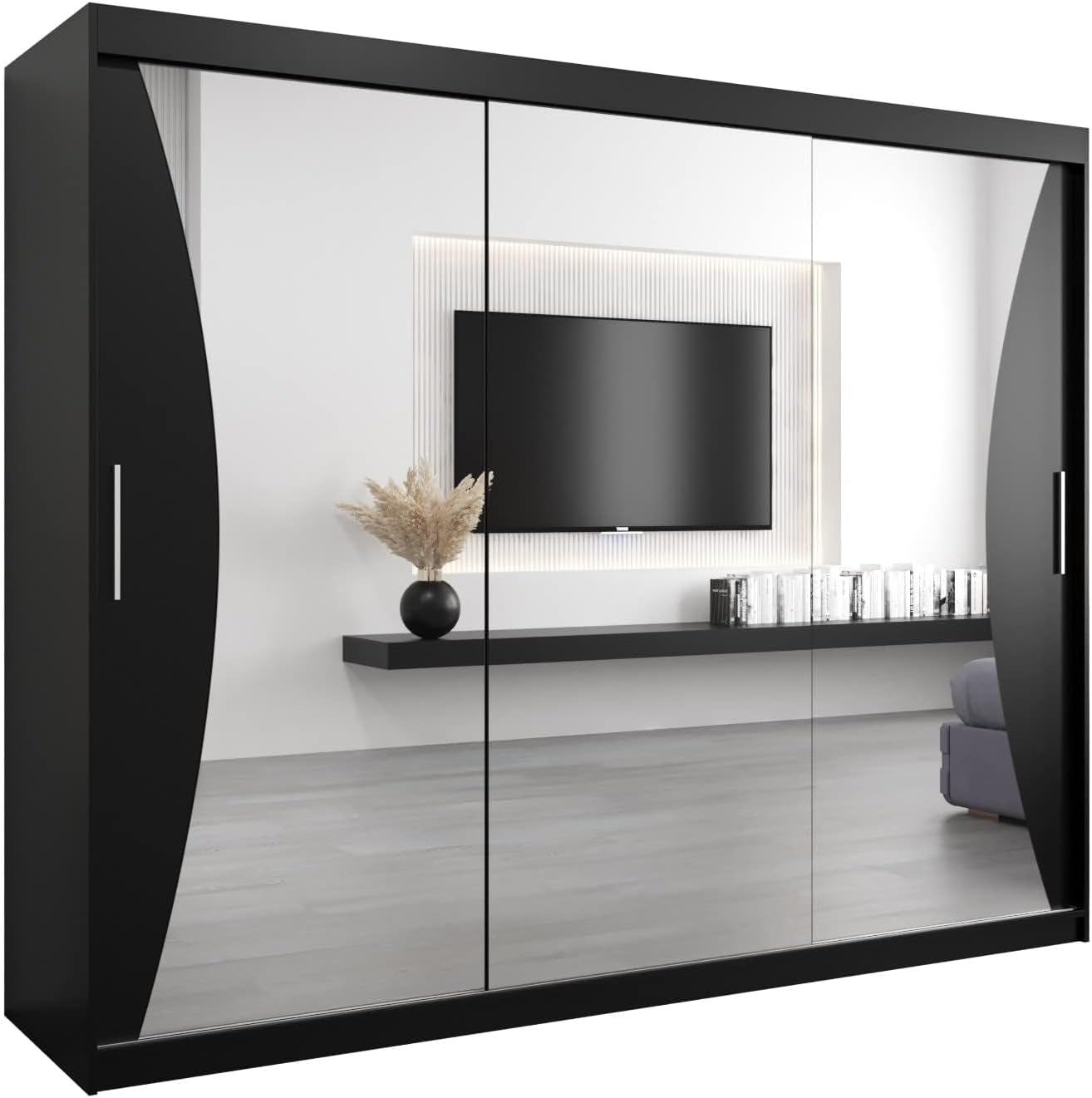 MEBLE KRYSPOL Kleiderschrank mit Spiegel Monaco - Garderobenschrank - Schrank Schlafzimmer - Mehrzweckschrank DREI Schiebetüren - Regalen - Flur Möbel - Kleiderstange Schrank - Allzweckschrank