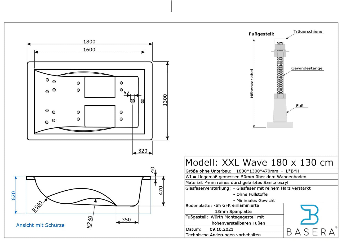 Basera® Basic Indoor Whirlpool Badewanne XXL Wave für 2 Personen mit 16 Massagedüsen, Wasserfall, LED-Ambiente