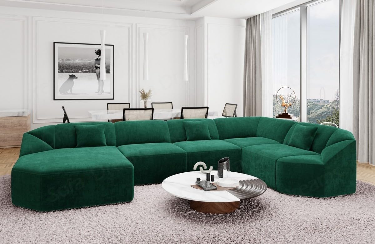 Wohnlandschaft Cabrera U-Shape Fabric Sofa in Velvet Designer Sofa Sun Velvet (Green, Ottoman Left)