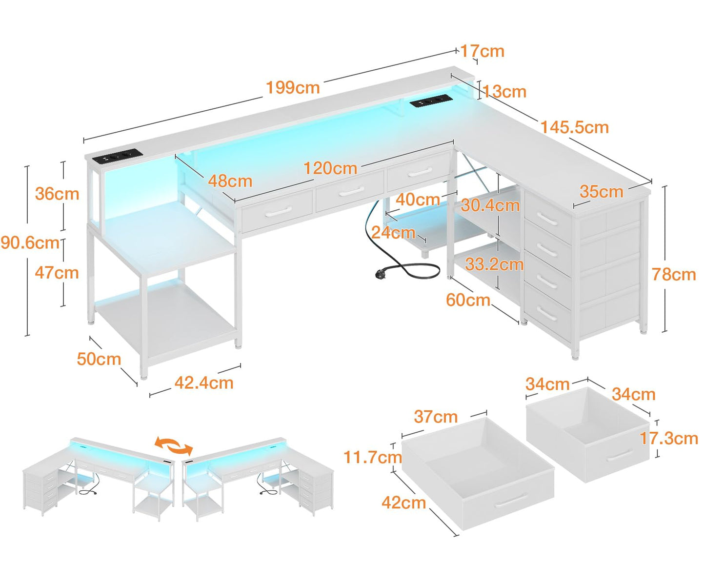 Coleshome Gaming Tisch mit 7 Schubladen & Großzügigem Stauraum, Eckschreibtisch mit RGB LED, Reversibler Schreibtisch L Form mit 2 Steckdosen, Ideal für Büro & Gaming, 179.5×135.5cm, Weiß