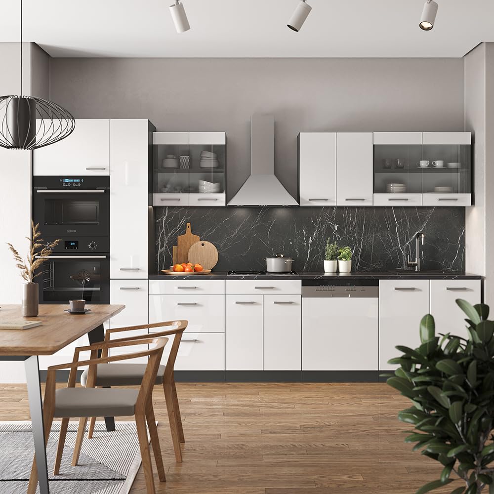 Vicco R-Line Fitted Kitchen Cabinets Anthracite Kitchen Furniture (Anthracite / White High Gloss, MUS 350 cm)