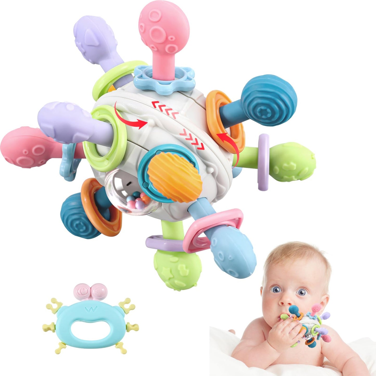 Grab Ball Baby Toy, Sensory Teether Toys, Silicone Teether Motor Skills Toy, Montessori Early Education, Baby Rattle Baby Toy for Babies 3-18 Months