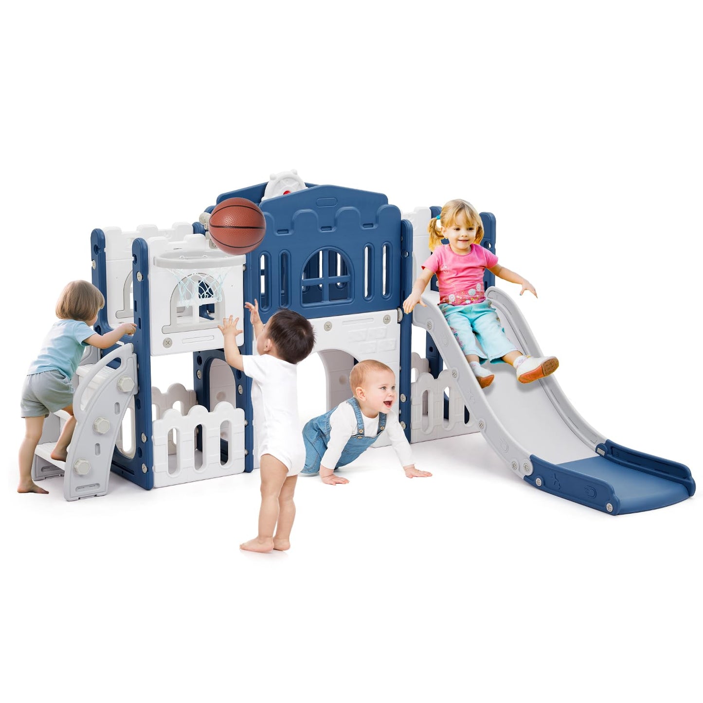 Kinder Rutsche 8 in1 Mit Klettern, Teleskop, Basketballkorb,Tunnel, Bohrspiel und Stauraum, Kleinkinderklettergerüst für Kleinkinder 1–3 Jahren