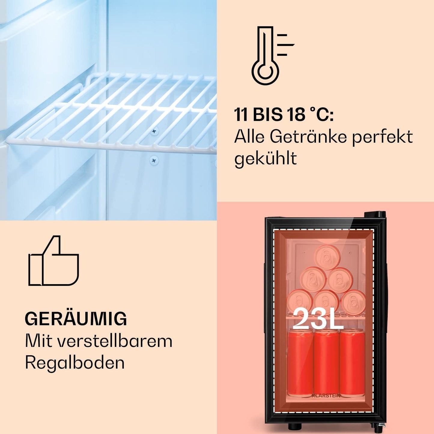 Klarstein Kühlschrank, Mini Kühlschrank mit Glastüre, Mini-Kühlschrank für Getränke, Snacks & Kosmetik, Kühlschrank Klein & Leise, Verstellbare Ablagen, Kleiner Skincare Kühlschrank 12-18°C, 23L
