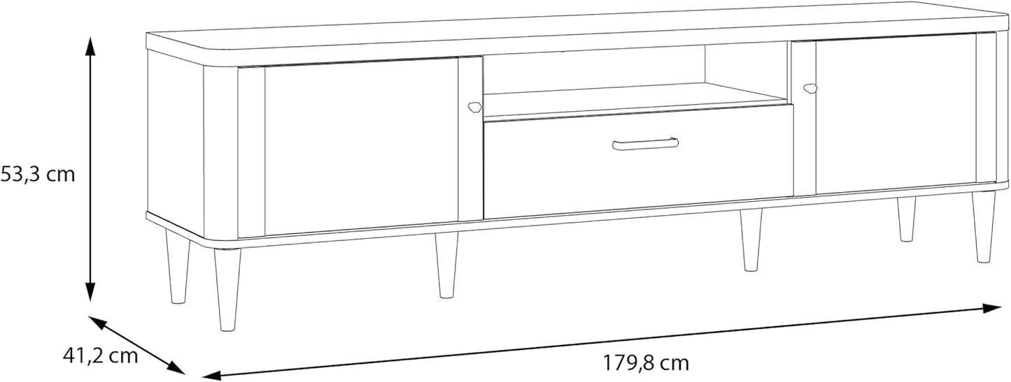 Forte Lacetti TV Cabinet 180, Modern Lowboard, Scandi Slats Design, 2 Doors, 1 Drawer, Wood Composite, Cashmere, Beige, Valencia Oak Wood Decor, 179.8 cm Wide x 53.3 cm High x 41.2 cm Deep
