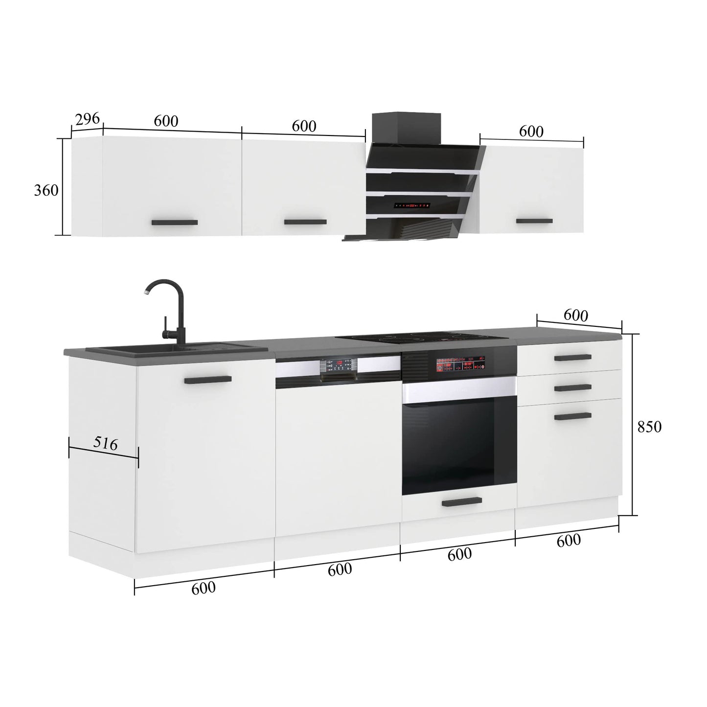 Belini Linda Kitchen Unit, Kitchen Furniture 240 cm, Fully Equipped without Electrical Appliances, with Wall Cabinets and Base Cabinets, with Worktops, Matt White