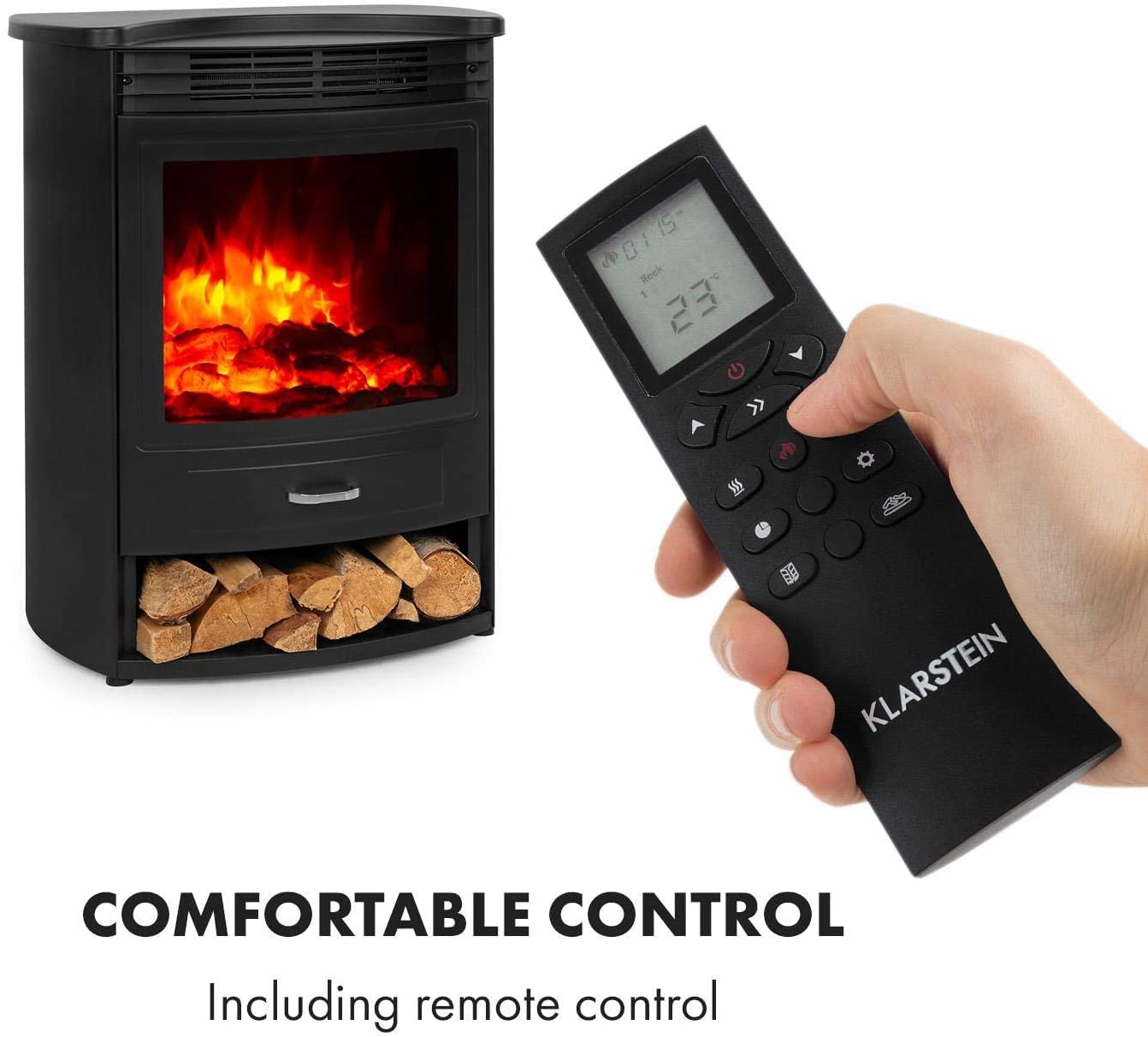 Klarstein Elektrokamin, Elektro Heizungen für Wohnzimmer & Innenräume, Elektrischer Kamin mit LED Flammen, mit Fernbedienung, Heizlüfter mit Timer, Einstellbarer Thermostat, Heizung 1900 W