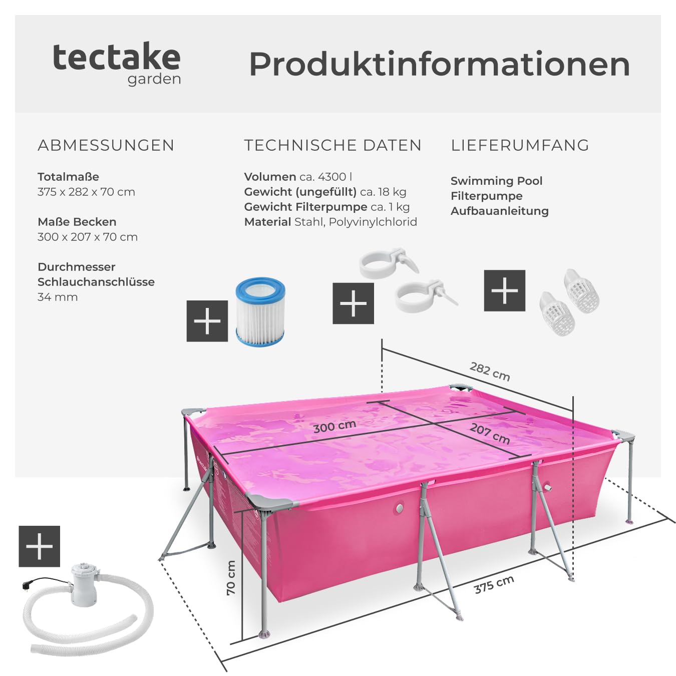 tectake® Swimming Pool, Large Swimming Pool, Rectangular, Frame Pool, Pool for Garden, Steel Frame Pool, Complete Set, Outdoor Garden Pool, Above Ground Pool, 300 x 207 x 70 cm, Grey