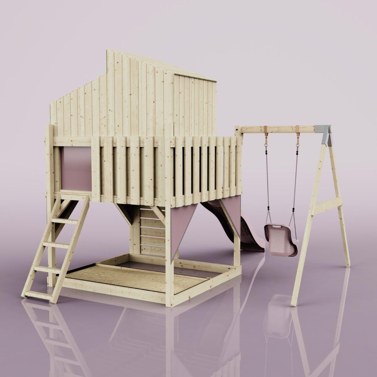 Rebo Spielturm mit Spielhaus inkl. Wellenrutsche und Kinder-Schaukel | Outdoor Klettergerüst Garten | Kletterwand und Kletterleiter | Stabile Konstruktion, Weiches Gefühl in den Seilen