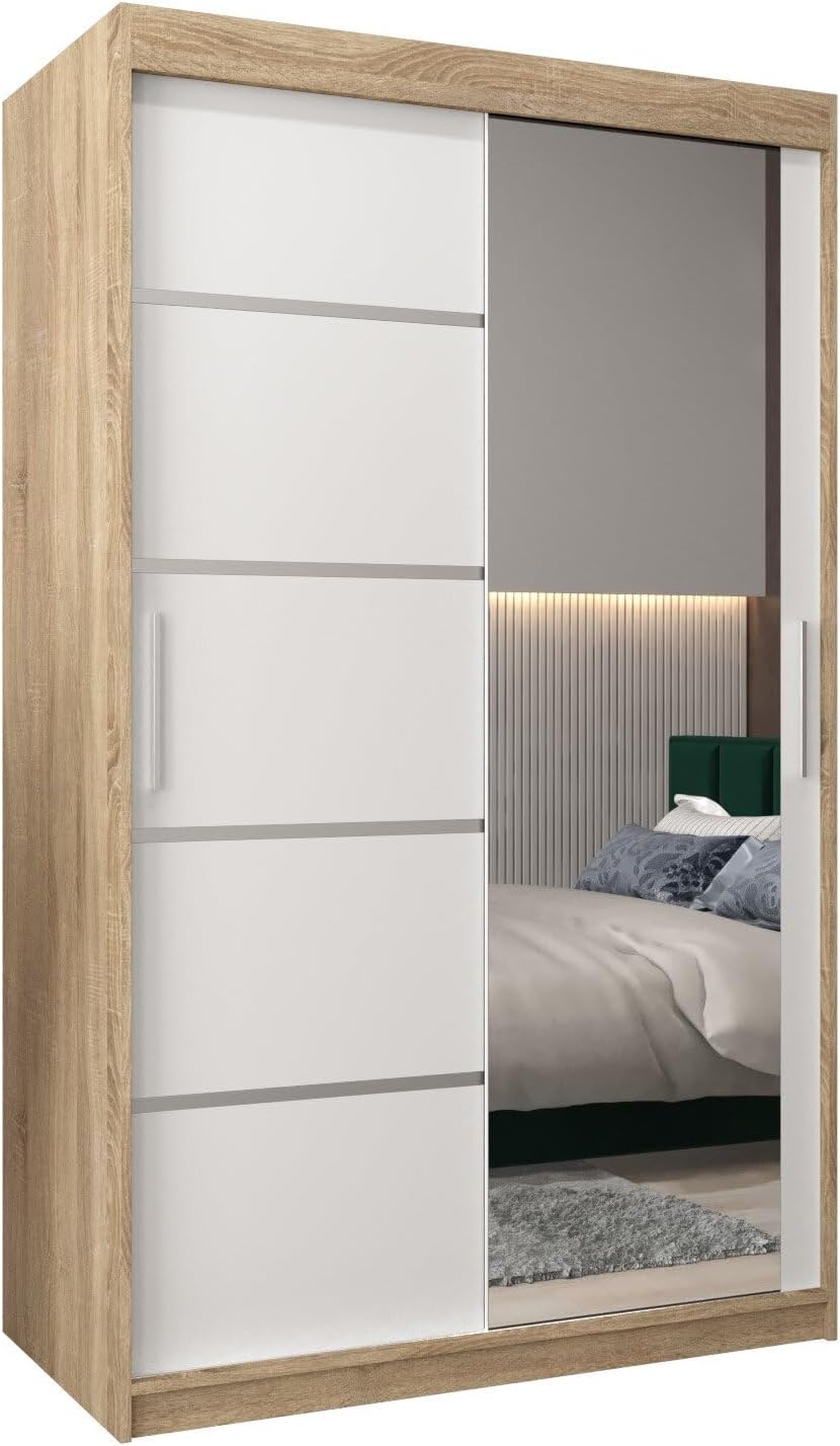 MEBLE KRYSPOL Kleiderschrank mit Spiegel Verona 2 - Garderobenschrank - Schrank Schlafzimmer - Mehrzweckschrank DREI Schiebetüren - Regalen - Flur Möbel - Kleiderstange Schrank - Allzweckschrank
