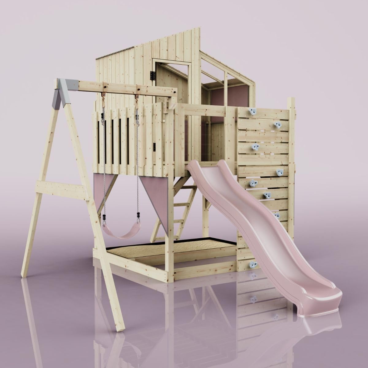 Rebo Spielturm mit Spielhaus inkl. Wellenrutsche und Kinder-Schaukel | Outdoor Klettergerüst Garten | Kletterwand und Kletterleiter | Stabile Konstruktion, Weiches Gefühl in den Seilen