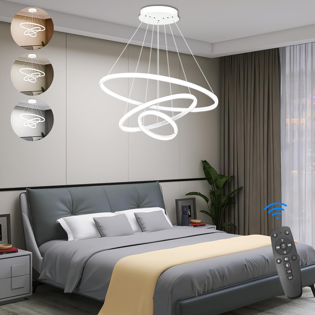 KSIBNW 3 Ringen Moderne LED Hängelampe Esstisch,45W LED Hängeleuchte & Pendelleuchten Höhenverstellbar für Esszimmer Wohnzimmer,Dimmbar Hängeleuchte Aluminium Mit Fernbedienung,3000K-6500K,Schwarz