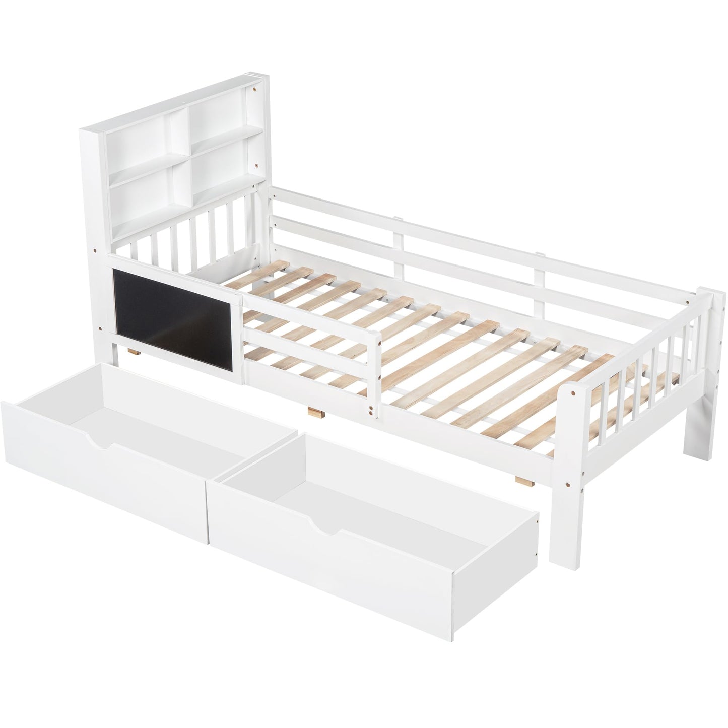 Children's Bed 90 x 200 cm, Wooden Bed with Drawers and Board, Headboard with Bookshelf and Fall Protection, Bed with Slatted Frame and Storage Space, Teenager's Bed, Functional Bed, Wooden Bed Frame,