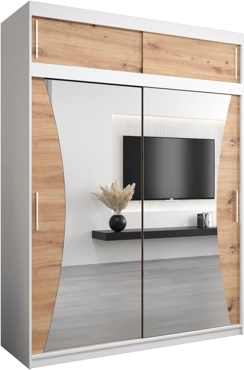 MEBLE KRYSPOL Kleiderschrank mit Spiegel Monaco - Garderobenschrank - Schrank Schlafzimmer - Mehrzweckschrank DREI Schiebetüren - Regalen - Flur Möbel - Kleiderstange Schrank - Allzweckschrank